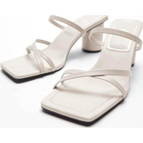 2021 Summer Womens Shoes Sheep Leather Square Head High Heel Sandals Cross-Strap Heel Sandals