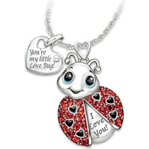 Women Rhinestone Inlaid Ladybug Heart Letter Pendant Chain Necklace Jewelry Gift