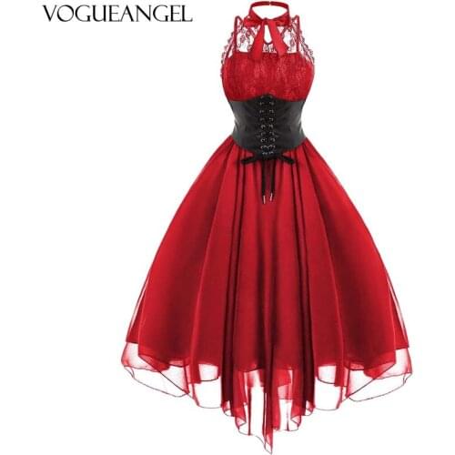 S-2XL Top Quality Cosplay Costume Women Lace Panel Cross Back Gothic Corset Dress Formal Elegant Evening Party Midi Dress