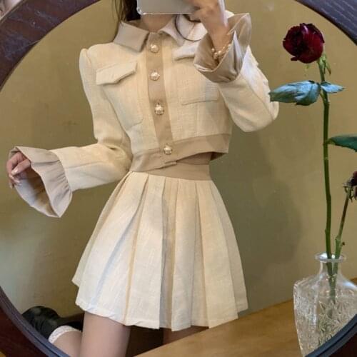 Autumn New French Vintage Two Piece Set Women Crop Top Short Jacket Coat + Pleated Skirts Sets High Street Fashion 2 Piece Suits