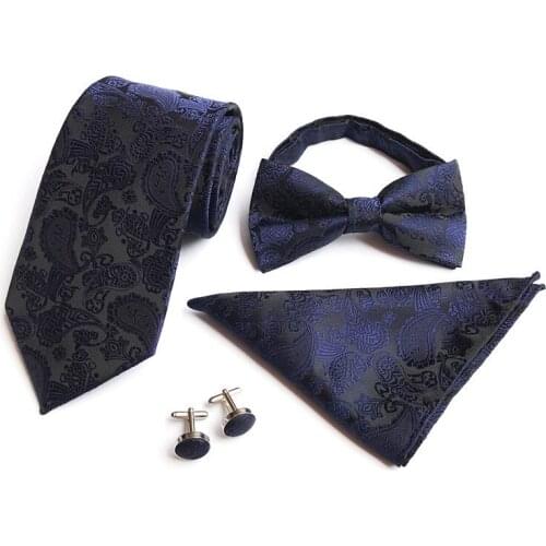 13 Colors Fahsion Paisley 100% Silk Ties for Men Handkerchief Cufflink Ties Pre-Bow Tie Hanky Set Jacquard Necktie Wedding Gift