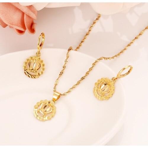 African Habesha Set Ethiopia crown pendant Necklace/Earrings Gold Color Dubai Sudan women girls Wedding bridal jewelry Gift