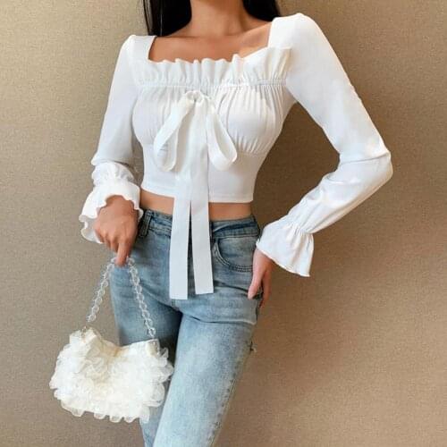 Sexy Square Neck Chic Tops Women Lace-up Ruffle Girls Women Blouse Long Sleeve Solid Color Female Blouse Summer Autumn Clothes