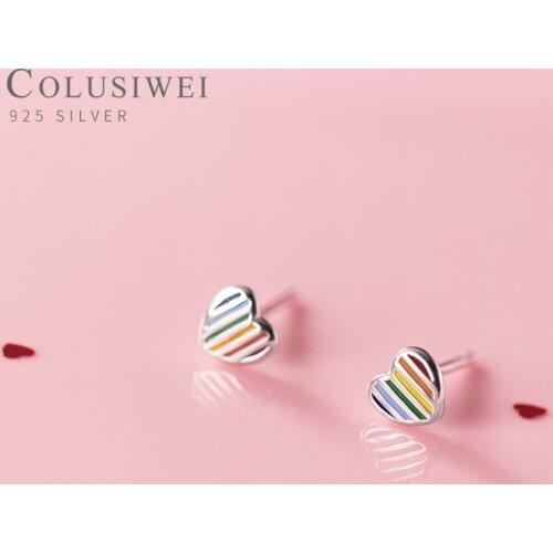 Colusiwei Real 100% 925 Sterling Silver Anti-allergy 3 Color Enamel Love Hearts Stud Earring for Women Fine Jewelry Kids Gift