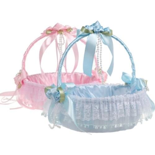 2 Colors Elegant Lace Wedding Basket Flower Girl Basket for Ceremony Wedding Decoration Love Case Satin Basket Storage