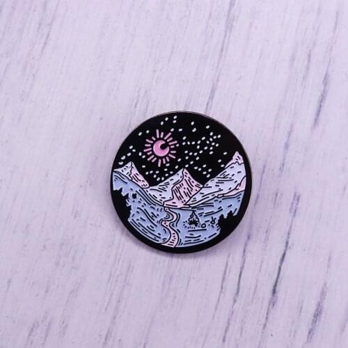 Mountain enamel pin night sky sunset brooch travel gift adventure jewelry exploring nature forest badge