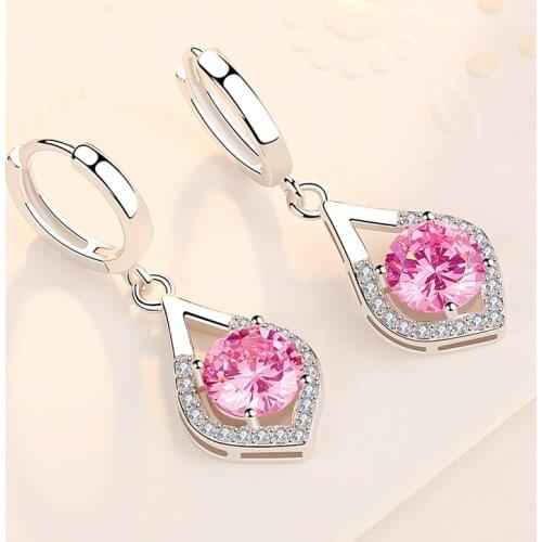 Dainty Female Pink Crystal Drop Earrings Classic Silver Color Hoop Earrings Luxury Bridal Round Wedding Earrings For Women