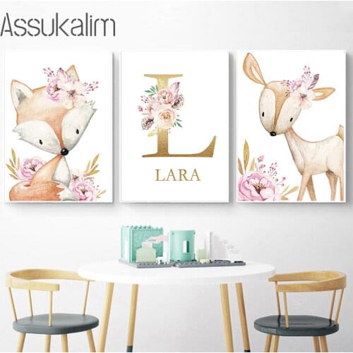 Woodland Animals Fox Deer Wall Art Print Custom Name Poster Nursery Canvas Painting Nordic Girl Bedroom Decoration Paintings