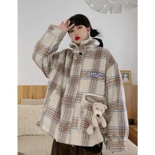Cashmere plaid coat womens Retro 2020 winter Korean loose BF cotton jackets foreign style versatile