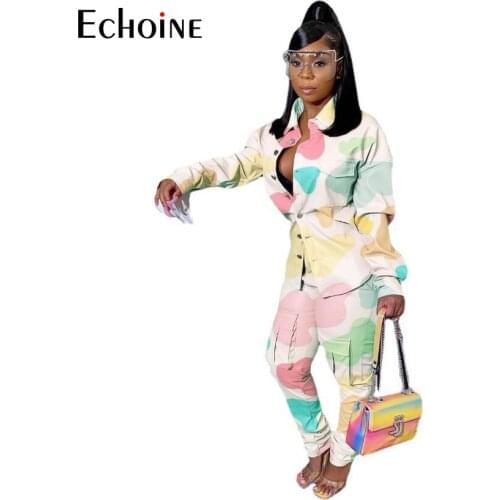 Echoine Tie-dye print Fashion Women 2 Piece Set pocket Loose buttons Tops And Pants Splicing Tooling Casual Matching Outfits