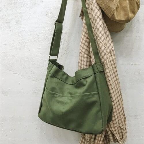 Korean Canvas Bag Single Shoulder Solid Color Lady Crossbody Bag Retro Simplicity Large Capacity Shopping Bag Military Green
