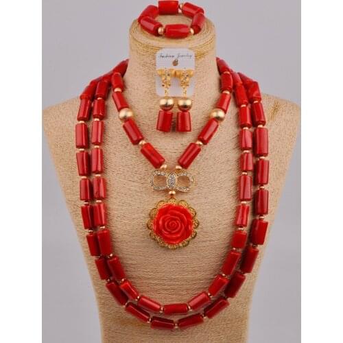 Red/Orange/White Nigerian Coral Necklace African Wedding Beads Coral Jewelry Set 3R-A-4