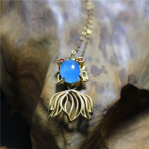 Liemjee Fashion Party Jewelry Blue Agate Luxury Hollow Goldfish Necklace For Women Feature Namour Charm Gift All Seasons