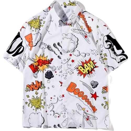 2021 Japan Style Graffiti Print White Harajuku Button Up Shirt Men Design Short Sleeve Korean Clothes For Teens Ropa De Hombre