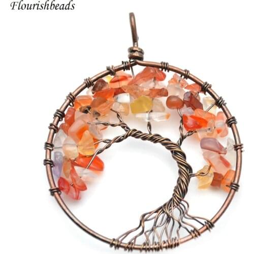 Natural Red Carnelian Agate Stone Chips Life Tree Shape Antique Copper Wire Wrapped Round Metal Pendant Fashion Woman Jewelry