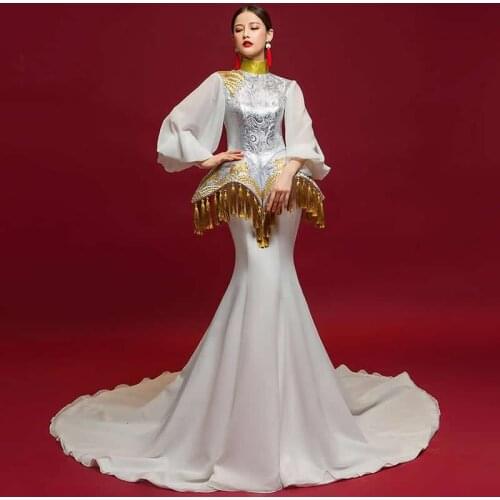 New Modern Trailing Cheongsam Long Dresses Chinoise White Tassel Qi Pao Women Chinese Evening Dress Qipao Orientale Fashion Show