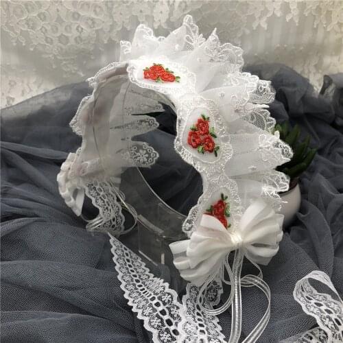 Japanese lolita White Bowknot Hair hoop Lolita headdress Red roses Embroidery Hair accessories Handwork Hair Ornaments Cosplay