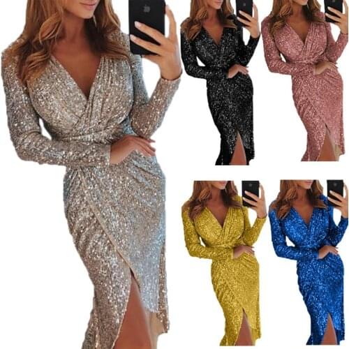 Autumn Sexy Golid Silver Glitter Dresses For Women Deep V-Neck Sequin Bodycon Dress Long Sleeve charming Dinner Party Clothing