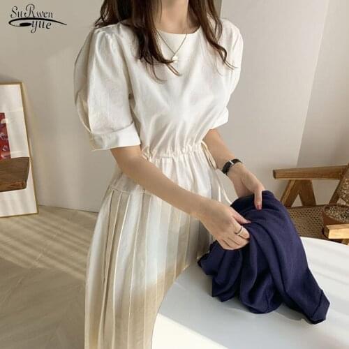 Sweet Puff Sleeve Pleated Dress Streetwear 2021 Summer New Dresses Solid Short Sleeve Lace Up Long Dress Jupe Femme 10434
