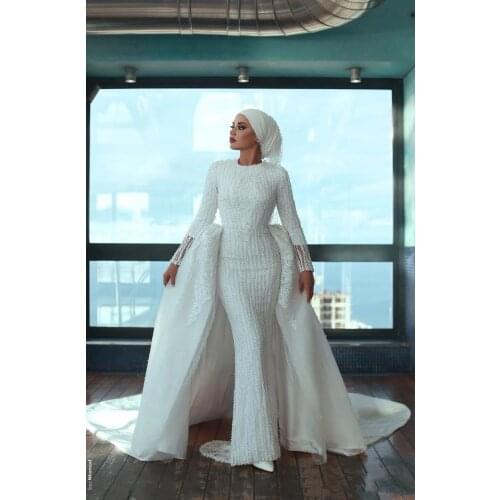 Muslim Mermaid Wedding Dresses with Detachable Train High Neck Luxury Lace Beaded Floral Long Sleeve Arabic Bridal Dress