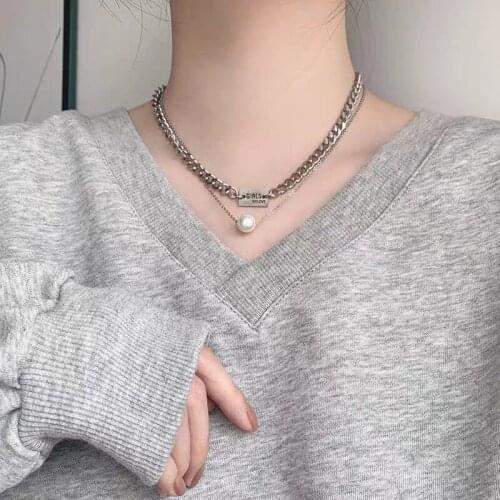 Vintage Pearl Titanium Chain Short Necklace Cold Style Minimalist Hip Hop Chic Double Layer Pearl Clasp Chain