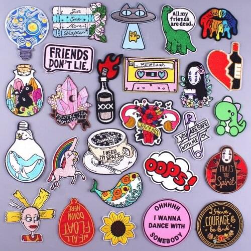 Prajna Van Gogh Embroidered Patches For Clothing Letter Patch Crystal Flower Stripes DIY Iron On Patches Cute Cartoon Stickers