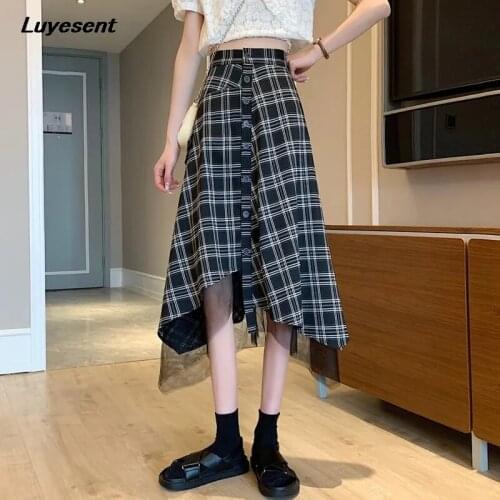 Y2k Plaid Black Irregular Long Skirt Lady Mesh Single Breasted Button High Waist Skirts Harajuku Gothic Korean Fashion Cloth