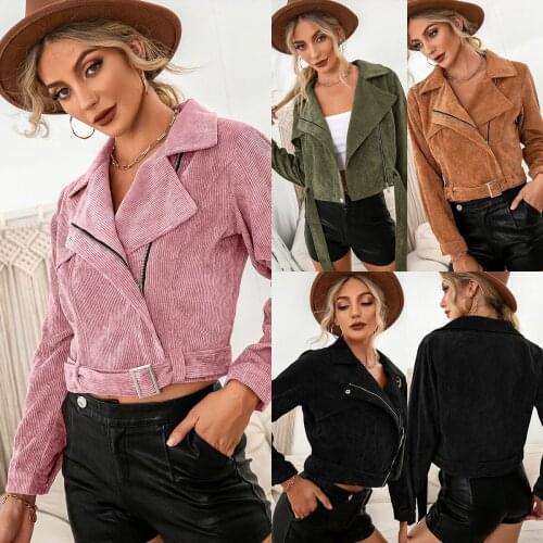 Women Corduroy Asymmetric Zipper Jacket Warm Vintage Lapel Cropped Jackets Spring Autumn 2021 Casual Brown Elegant Tie Belt Coat