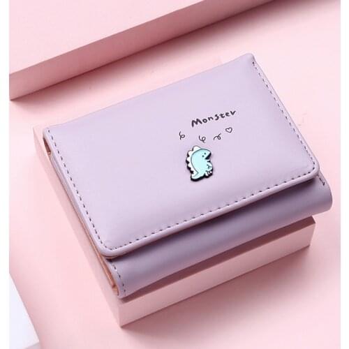 Women Cute Small Dinosaur Cartoons Wallet Buckle Folding Girl Wallet Brand Designed Pu Leather Coin Purse Female Card Holder