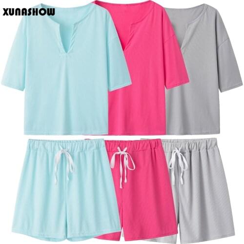 XUANSHOW Two-piece Solid Stripe Color Womens Clothing Short-sleeved V-Neck T-shirt and Shorts Simple Style Tracksuit Outfit
