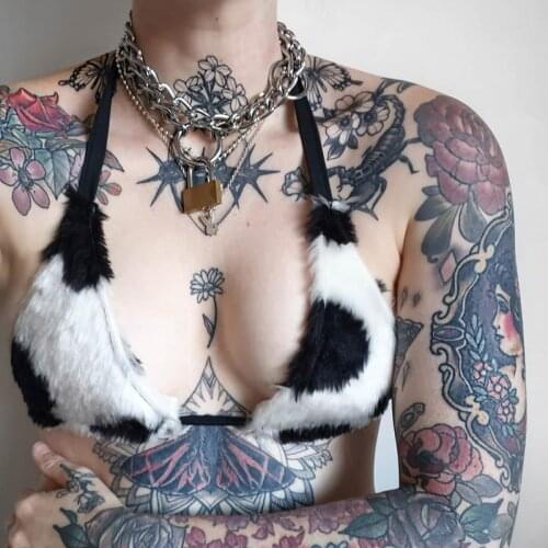 Womens Cow Pattern Hairy Camisole Summer Fashion Sexy Fluffy V neck Bra Lace Up Halter Tank Top