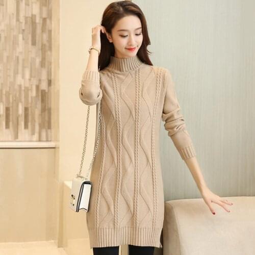 Women Winter Long Knitted Sweater Warm Thicken Solid Black White Female Turtleneck Ladies Casual Jumper Pullover