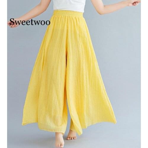 2020 Fashion Women Wide Leg Pants Elegant Solid Elastic High Waist Trousers Female Casual Loose Long
