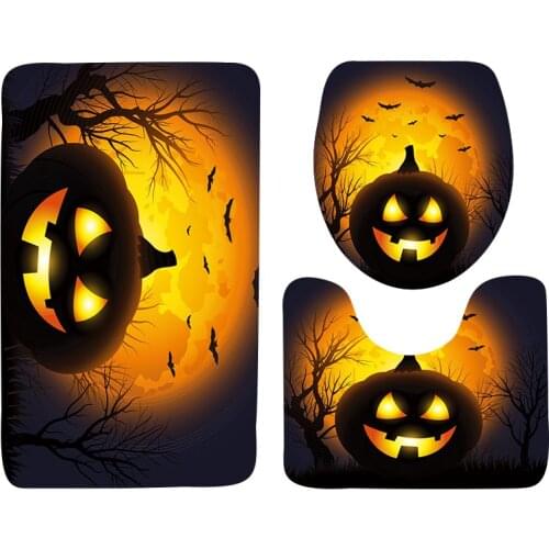 3pcs Halloween Bathroom Mat Set Cat Pumpkin Printed Anti Slip Shower Bath Mat Carpet Home Decor Toilet Lid Cover Rug Floor Mats