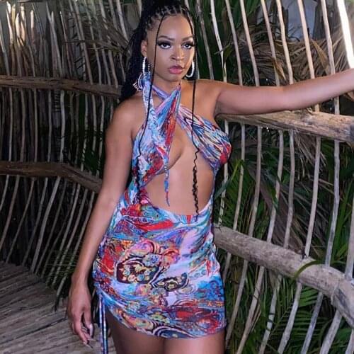 Adogirl Vintage Floral Print Halter Dress Women Backless Hollow Out Mini Dress Summer Night Club Party Beach Bodycon Dresses