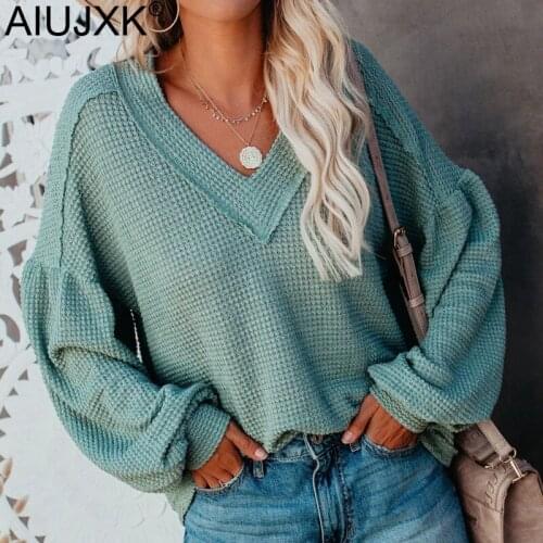 AIUJXK Fall Women V Neck Sweaters And Pullovers Fashion Lantern Sleeve Loose Knitted Top Woman Casual Loose Knitwear Sweater