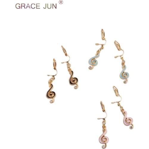 GRACE JUN Fashion Cute Musical Note Clip on Earrings No Pierced for Girl Kids Charm Birthday Party Gold Color Clip Earrings New