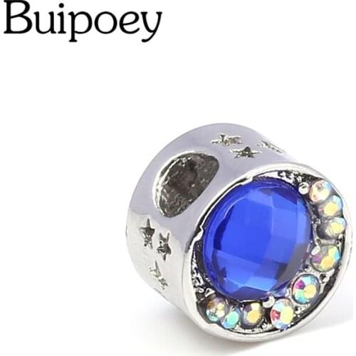 Buipoey 1Pcs Blue Red Crystal Moon Beads Charm Fit Original Silver Color Necklace Bracelets For Girl Jewelry Accessories Beaded