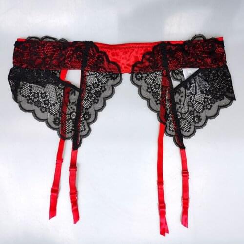 Floral Lace Red Black Satin Hollow-Out Metal Clips Womens Sexy Garter Belt for Stockings Suspenders Lingerie Underwear GA1421