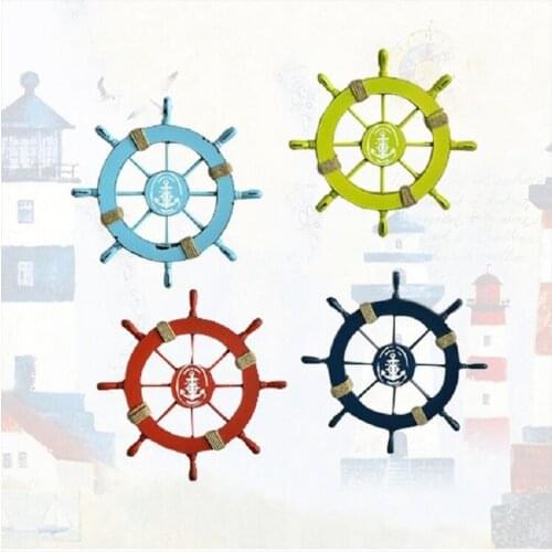 Mediterranean Style Wooden Helmsman 28cm Ship Helmsman Home Decoration Creative Colored Old Waxed Steering Wheel