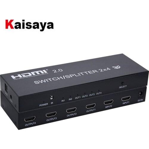 DTS 4K HDMI 2 in 4 out 2.0 HDMI Switch Splitter 2x4 SPDIF 3.5mm Audio Extractor Converter Adapter Remote Control 3D 1080p T0381