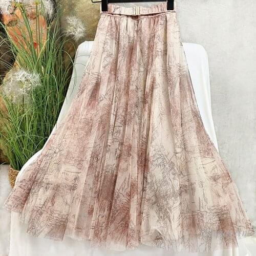 Elegant Mesh Skirt Women Temperamental Double-Layer Bubble Gauze Skirts Mid-Length Slimming Printed