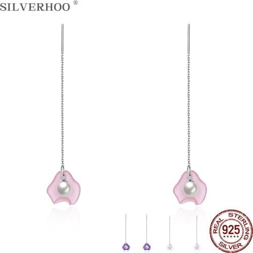 SILVERHOO Sterling Silver 925 Jewelry Long Tassel Earrings For Women Luxury Imitation Pearl Drop Earring Elegant Female Gift
