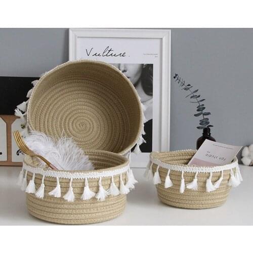 Woven Finishing Basket Cotton Rope Storage Baskets With Tassel Retro Weaving Home Sundries Storages Basket Organizer Supplies