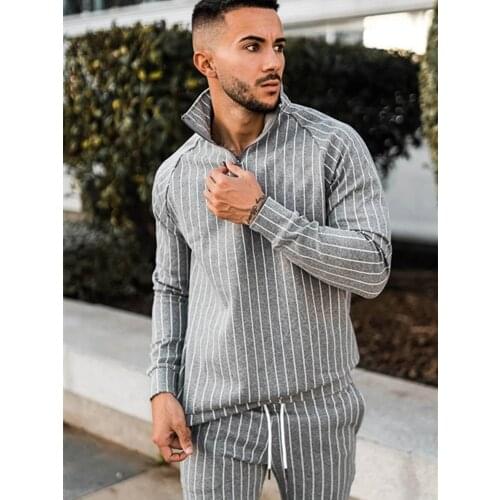 2021 New Spring Autumn Stripe Leisure Sports Suit Men Fitness Running Long Sleeve Hoodie Slim Trousers 2 Pieces Sets