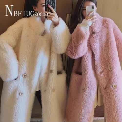 Europe Station Winter New Long Style Women Coat Faux Fur Imitation Lambswool Female Jacket