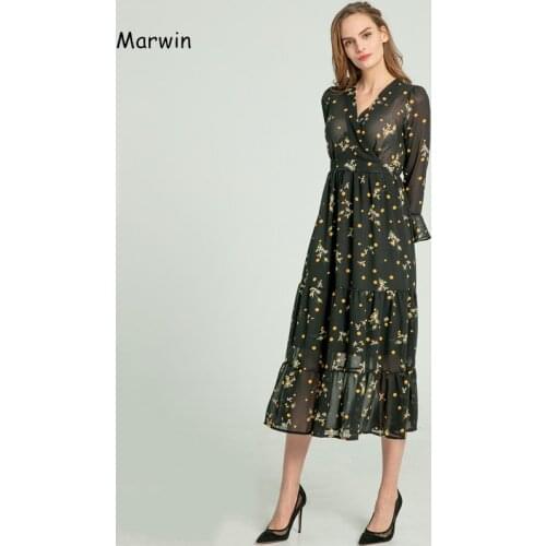 Marwin 2020 Spring Summer Beach Style Three Quarter Flare Sleeve Empire A-Line Ankle-Length Floral V-Neck Women Dresses