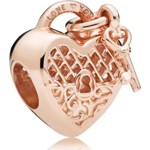 Genuine 925 Sterling Silver Charm Openwork Rose Gold Love You Lock With Key Beads Fit Pan Bracelet & Necklace Diy Jewelry
