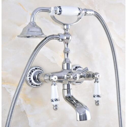 Polished Chrome Brass Double Ceramic Handles Wall Mounted Bathroom Clawfoot Bathtub Tub Faucet Mixer Tap w/Hand Shower atf870