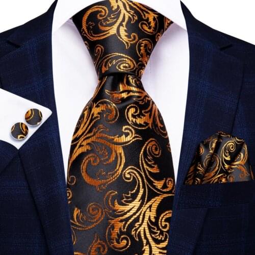 Hi-Tie Black Gold Floral Silk Wedding Necktie For Men Handky Cufflink Fashion Designer Tie For Men Business Party Dropshiping